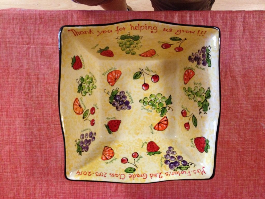 Hand-painted square bowl of fingerprint fruit, "Thank you for helping us grow," from a 2nd grade class