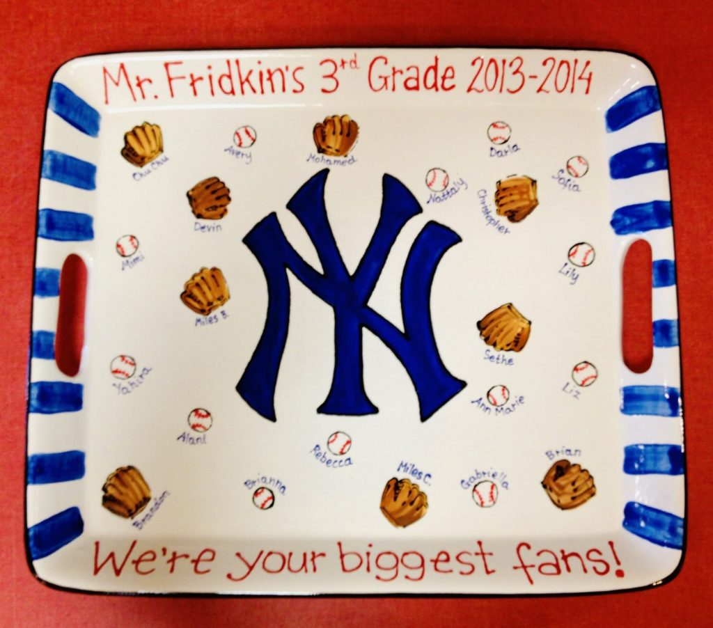 Hand-painted handled 3rd grade tray with a navy NY logo, baseball gloves and "We're your biggest fans!"