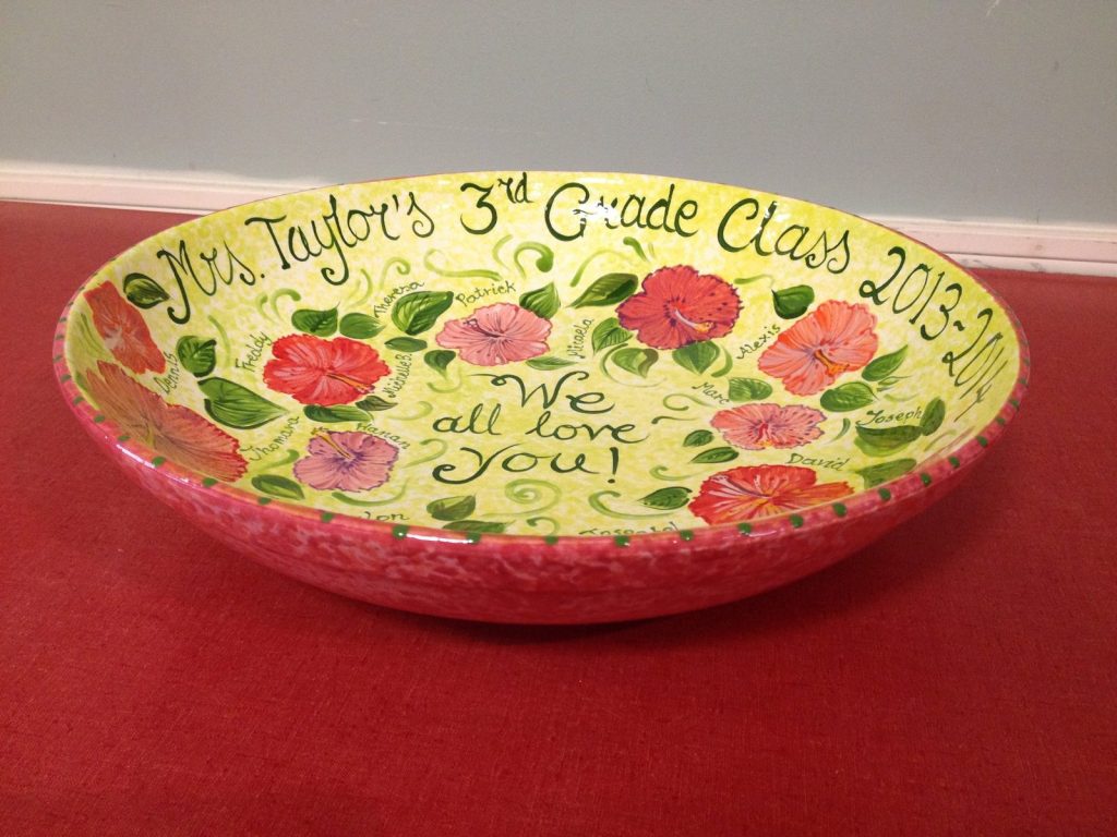 Hand-painted bowl from a 3rd grade class with pink flowers and "We all love you!", 2013–2014
