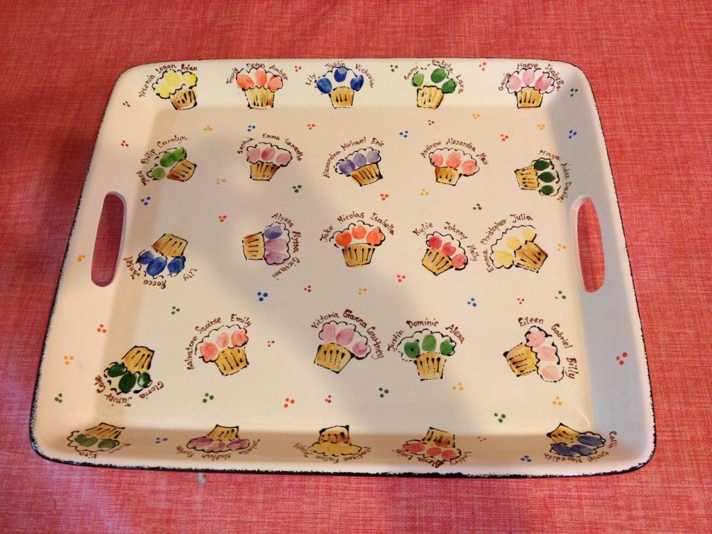 Hand-painted square handled tray of colorful fingerprint cupcakes with children's names