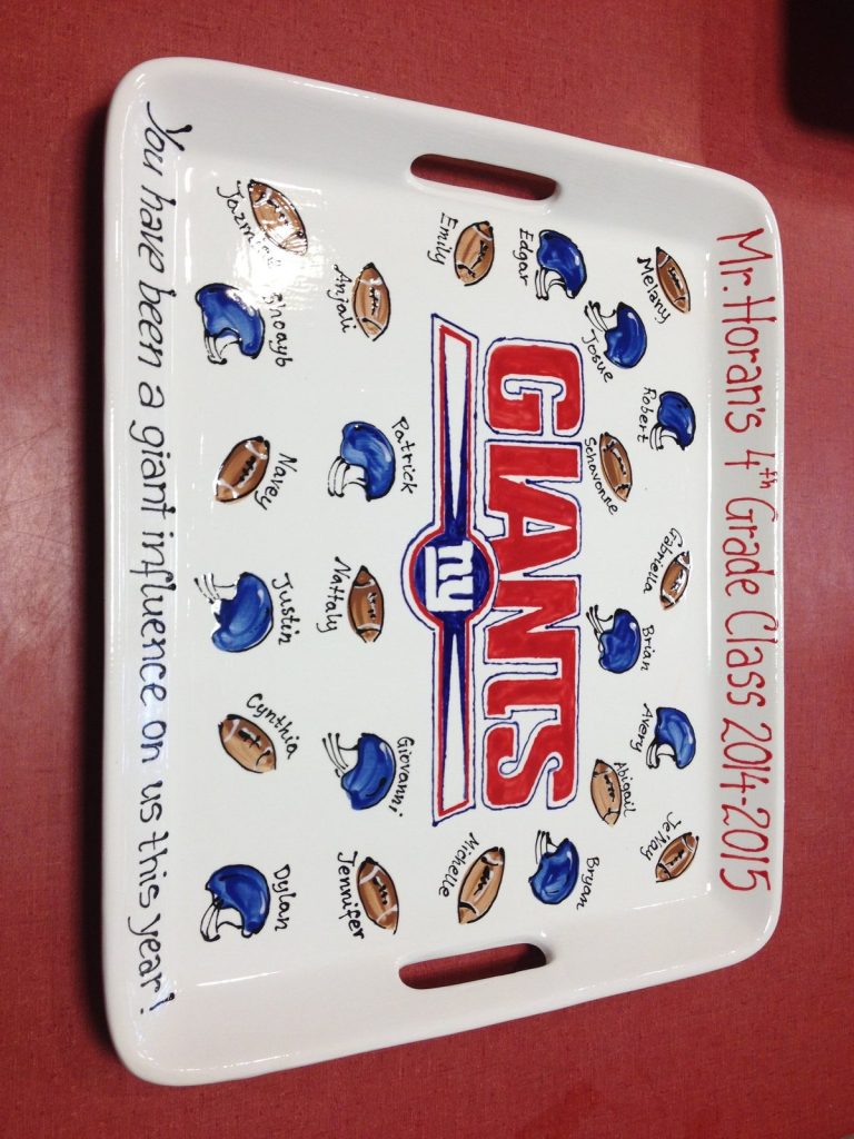 Hand-painted handled 4th grade tray with a Giants logo and fingerprint football helmets, 2014–2015