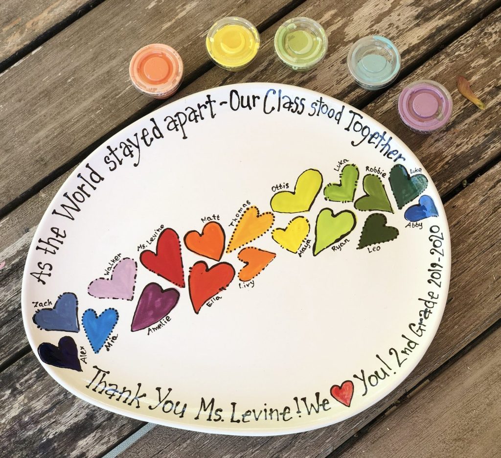 Hand-painted oval 2nd grade platter with a rainbow of fingerprint hearts, "Our Class Stood Together"