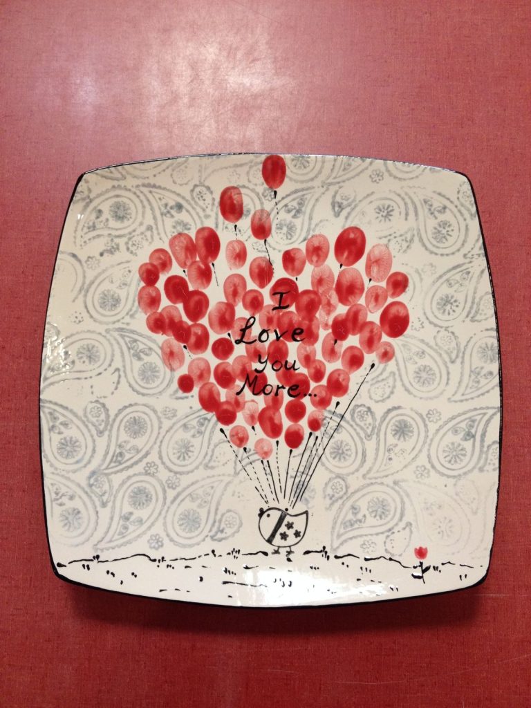 Square plate with a fingerprint bunch of red heart balloons reading I Love You More