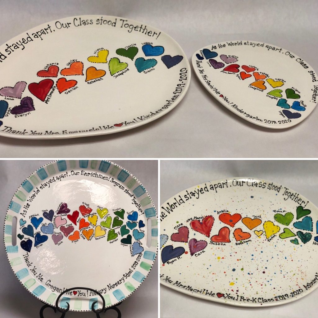 Hand-painted class keepsake platters with rainbow rows of fingerprint hearts, shown in four views
