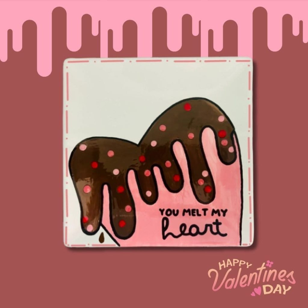 Hand-painted square plate of a chocolate-dipped heart with sprinkles reading You Melt My Heart